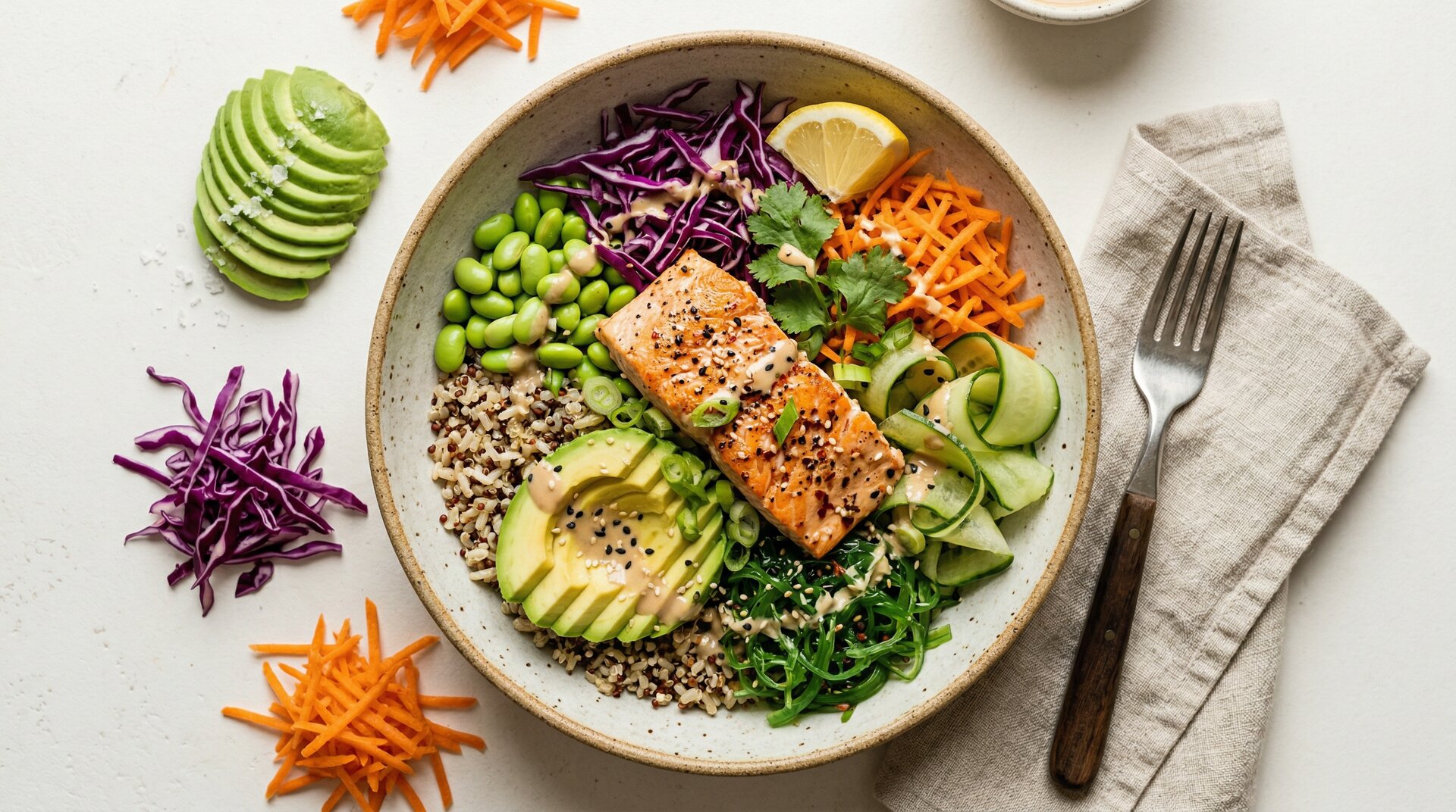 Power Grainbowl met Zalm, Avocado & Sesamdressing