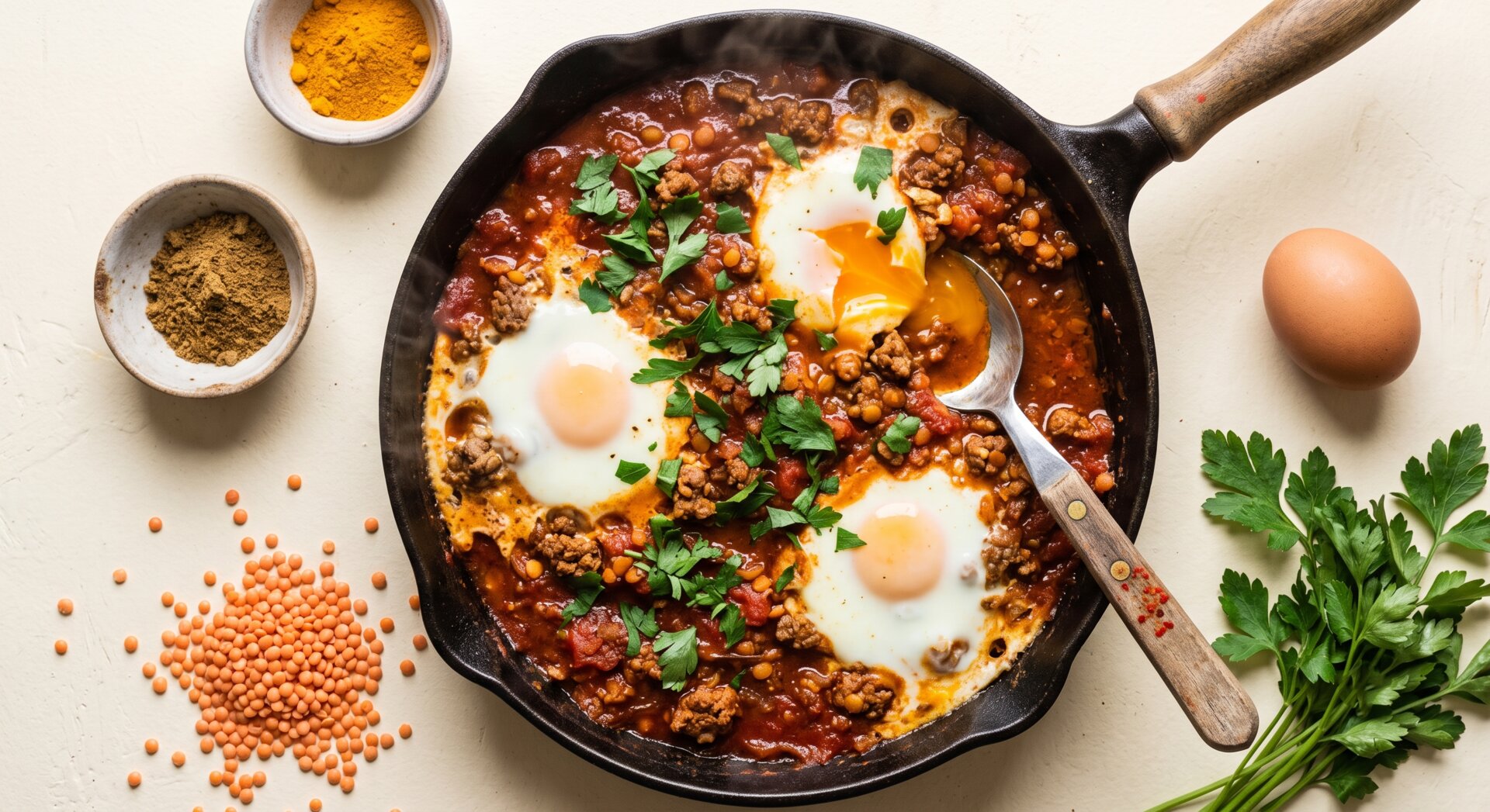 Power Shakshuka met Lamgehakt en Linzen