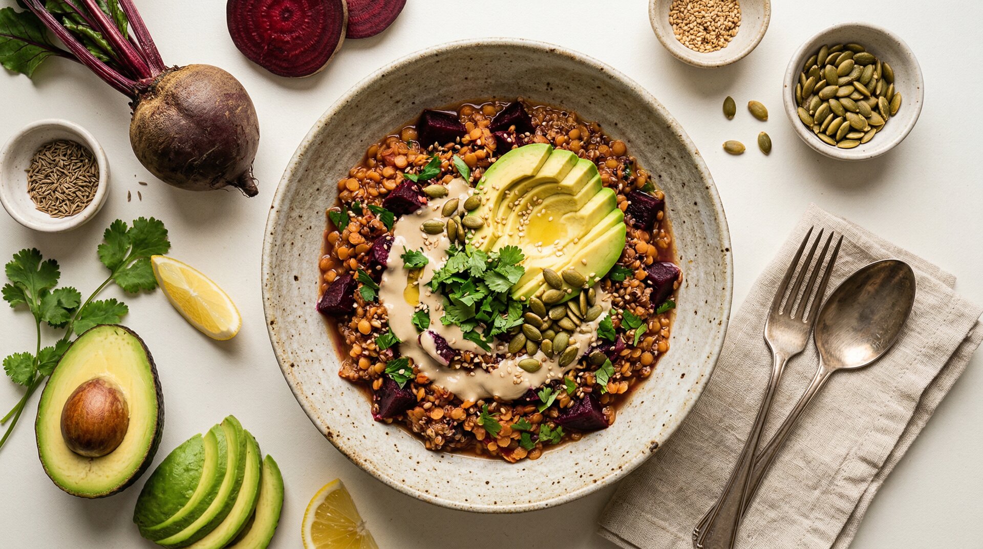 Rode biet-linzenbowl met avocado en tahini