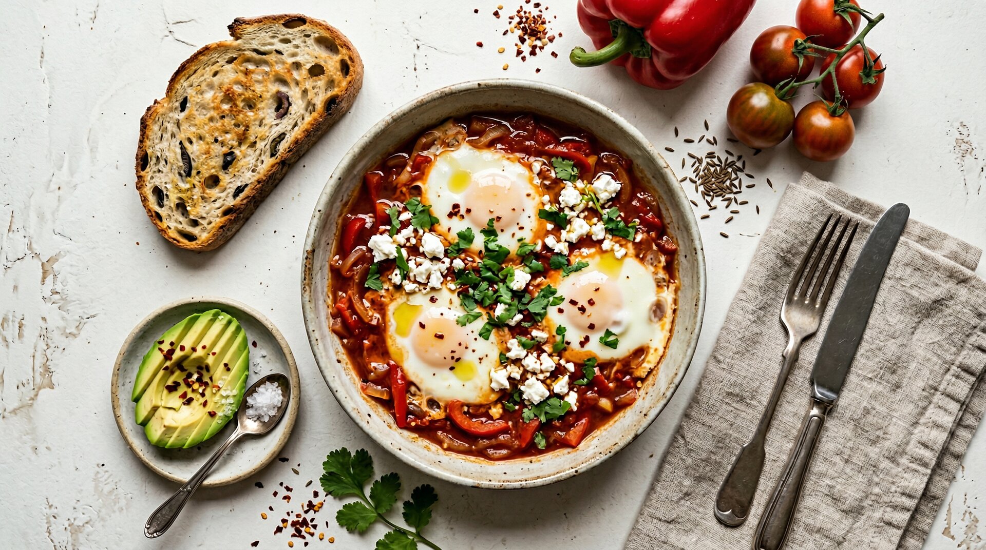 Shakshuka met Avocado, Feta & Olijfoliebrood