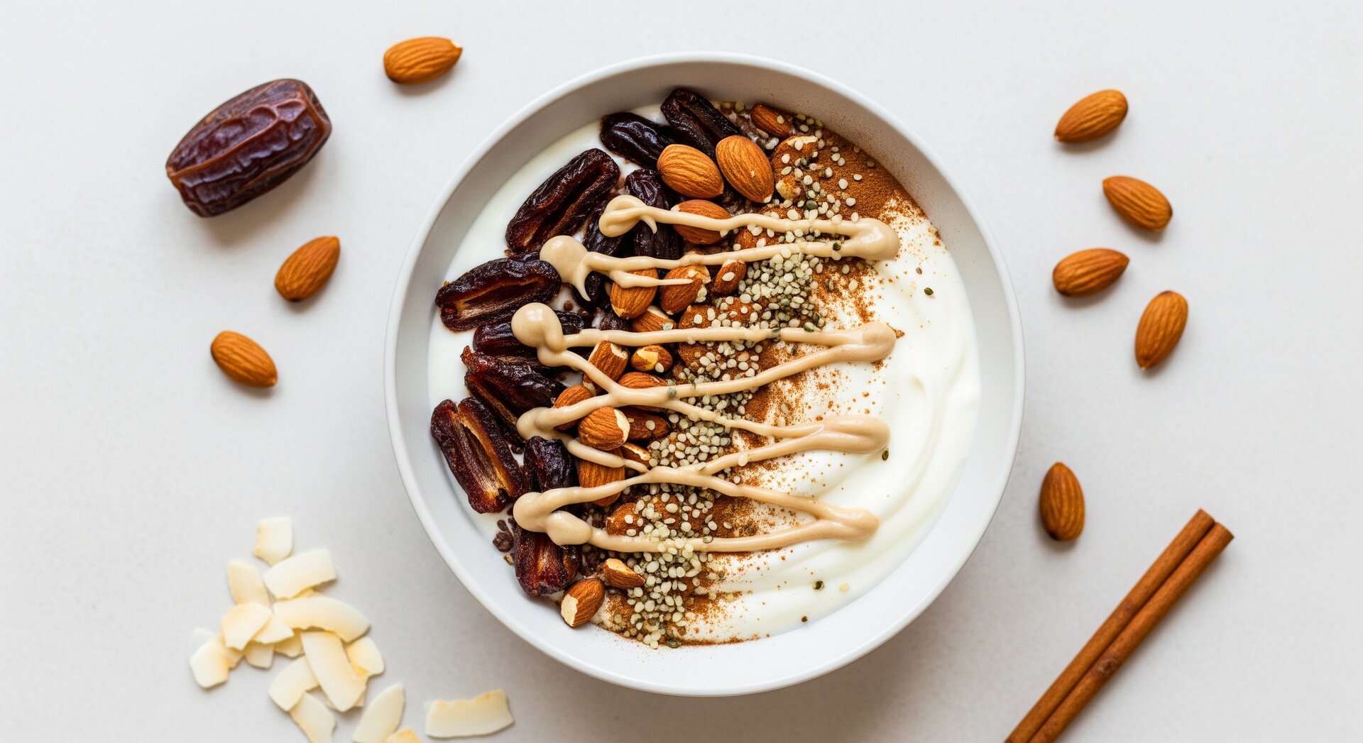Skyr Bowl met Gevulde Dadels, Amandelen en Tahini