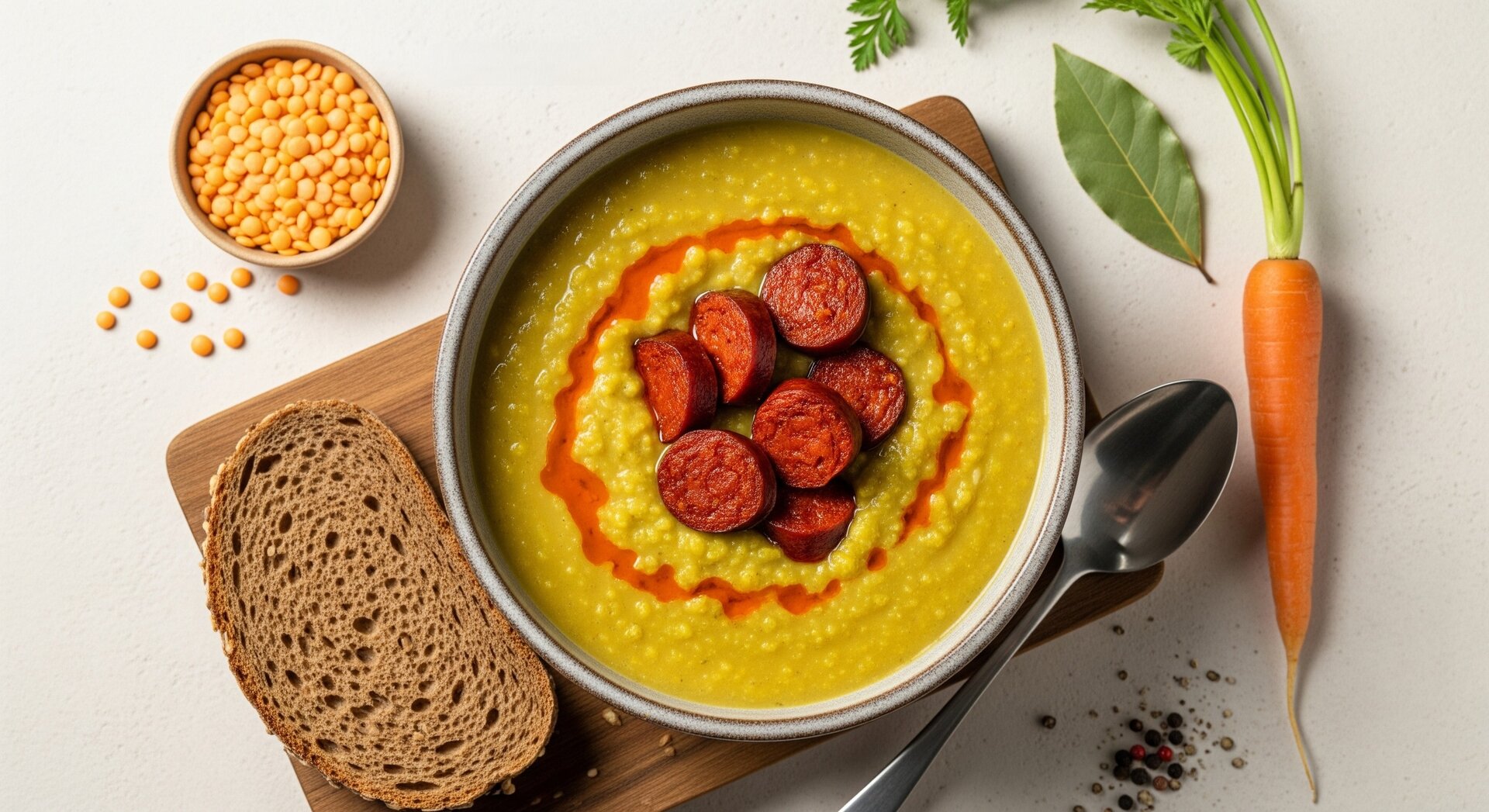 Snert-stijl Gele Linzensoep met Merguez en Roggebrood