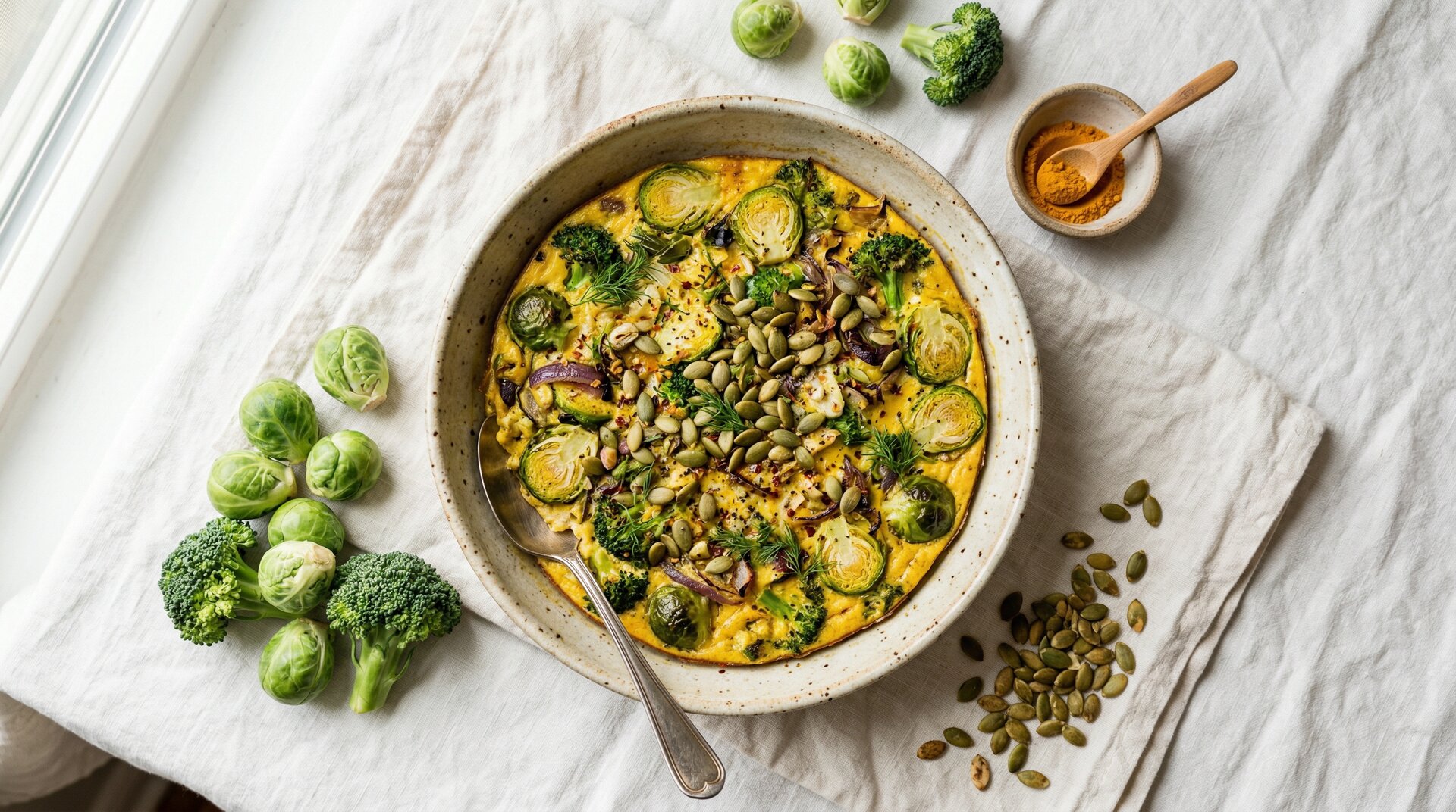 Frittata met Spruitjes, Broccoli en Pompoenpitten