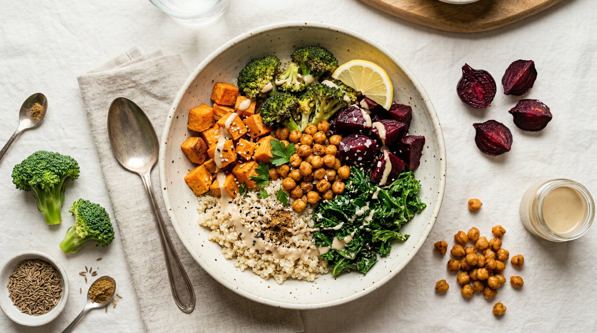 Tahini-Quinoabowl met Geroosterde Groenten en Kikkererwten