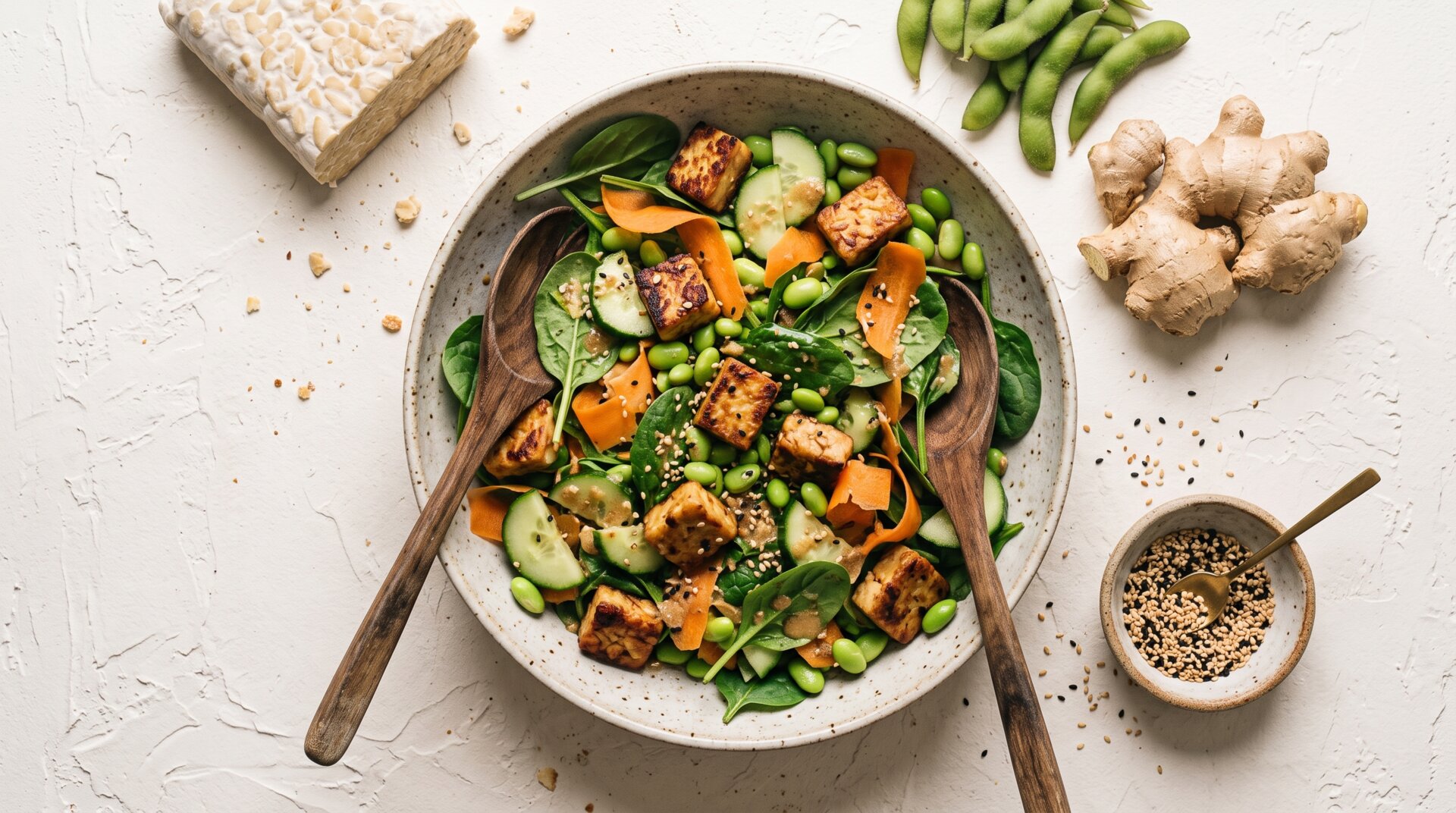 Tempeh Edamame Salade met Sesam-Gember Dressing