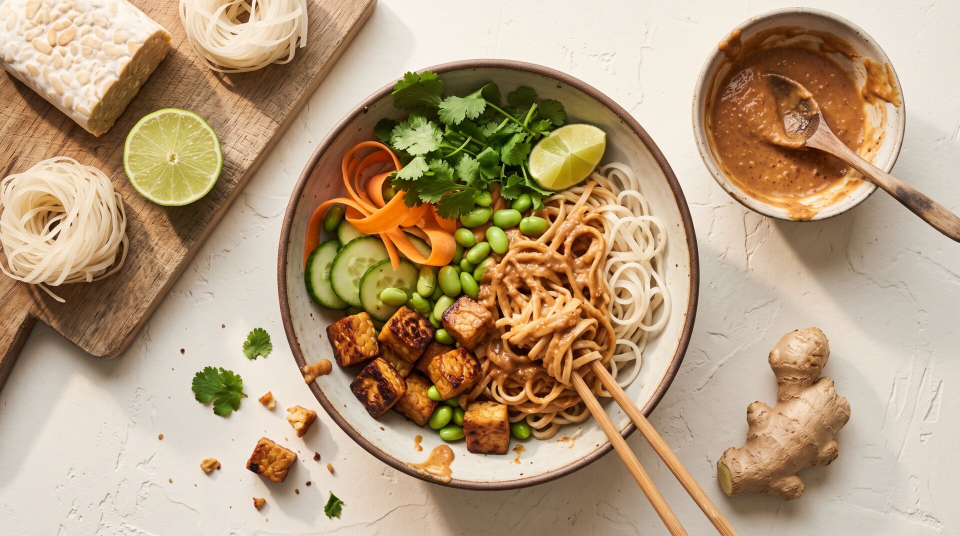 Tempeh-noedelbowl met pindasaus