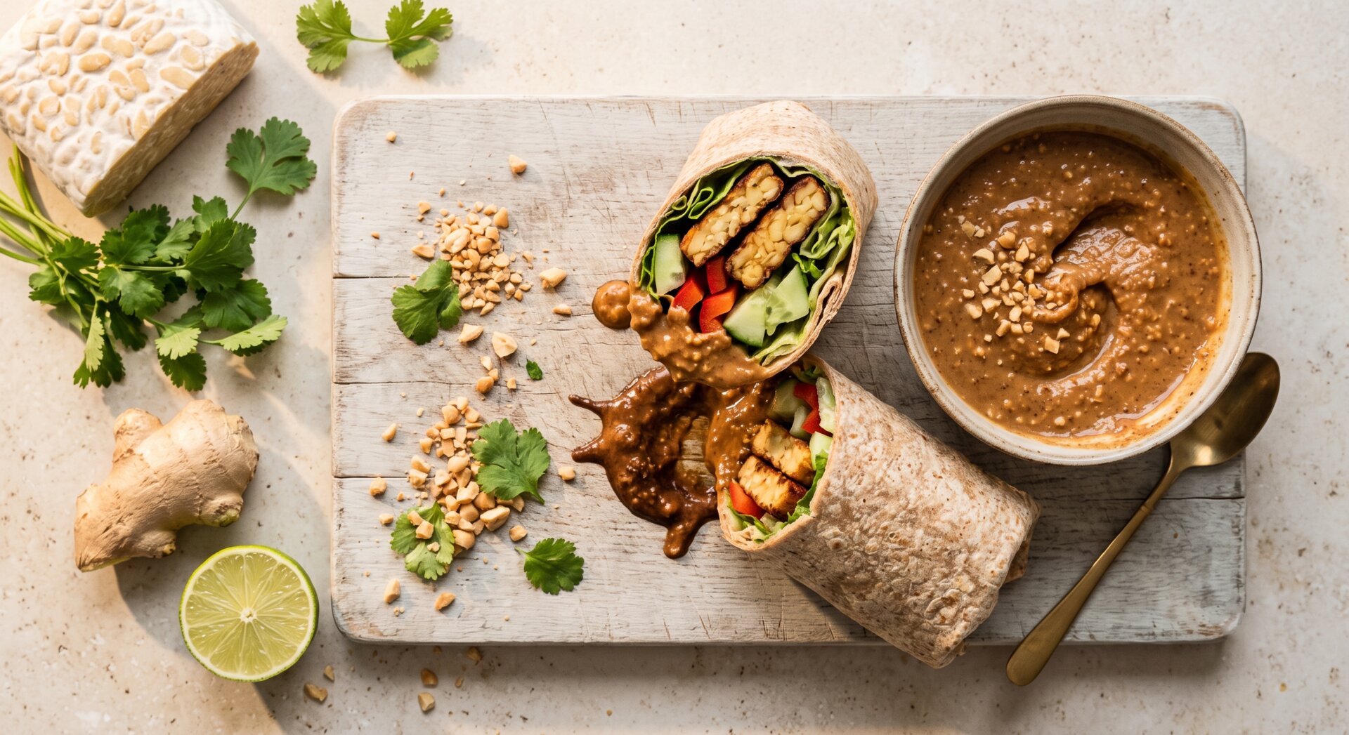 Tempeh Satay Wrap met Pindasaus