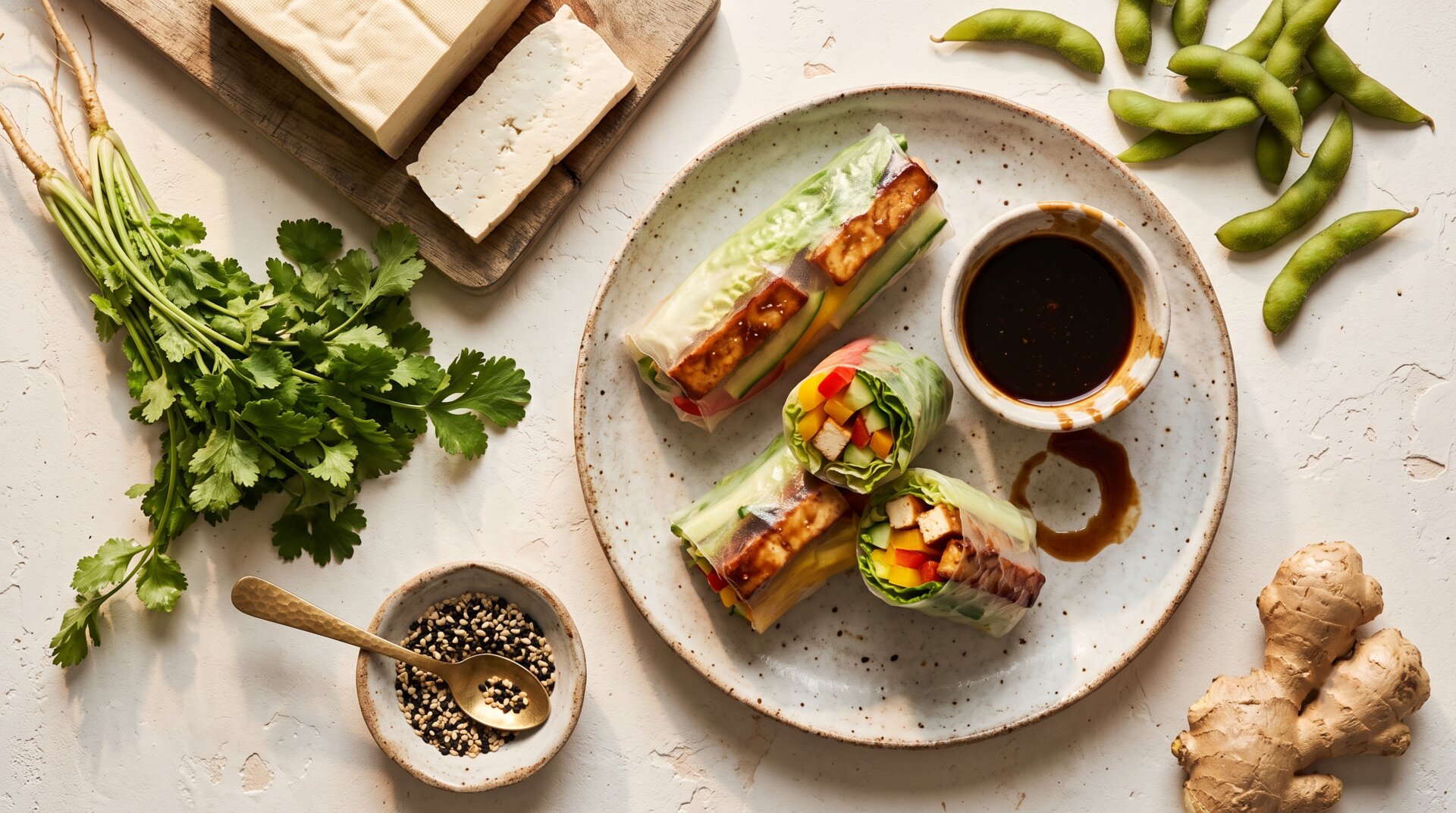 Teriyaki Tofu Rijstpapier Wrap met Edamame