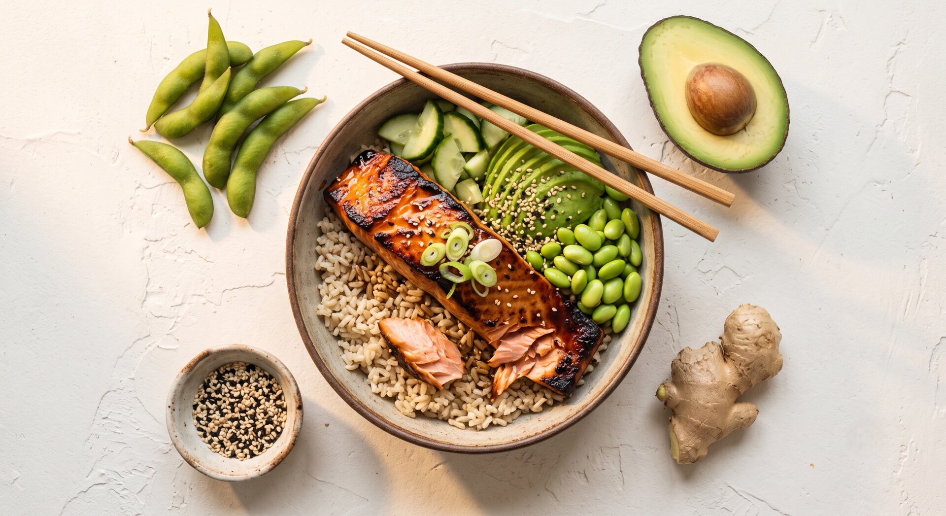 Teriyaki-zalmbowl met edamame en bruine rijst