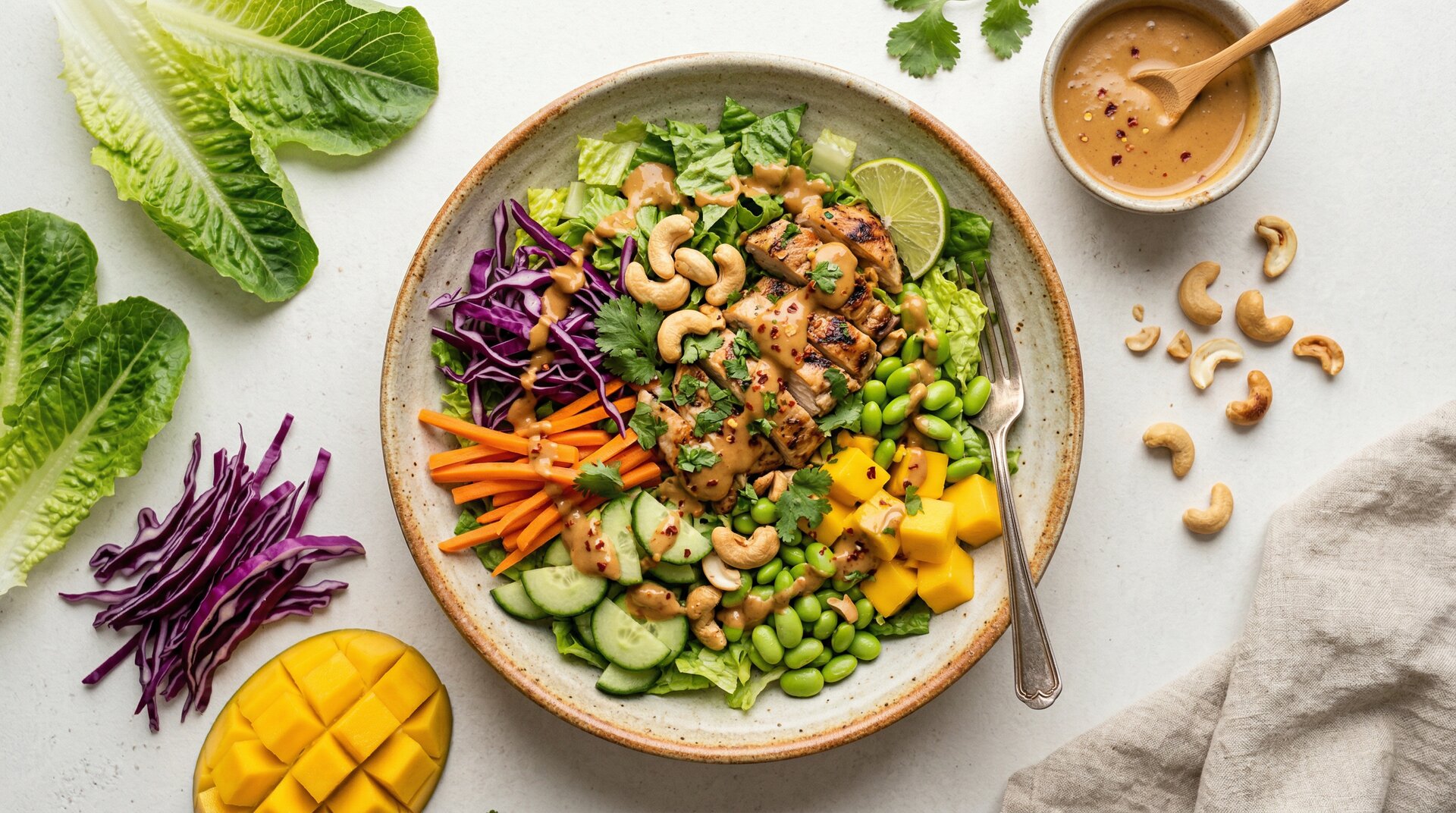 Thaise Pindakip Salade met Mango & Cashewnoten