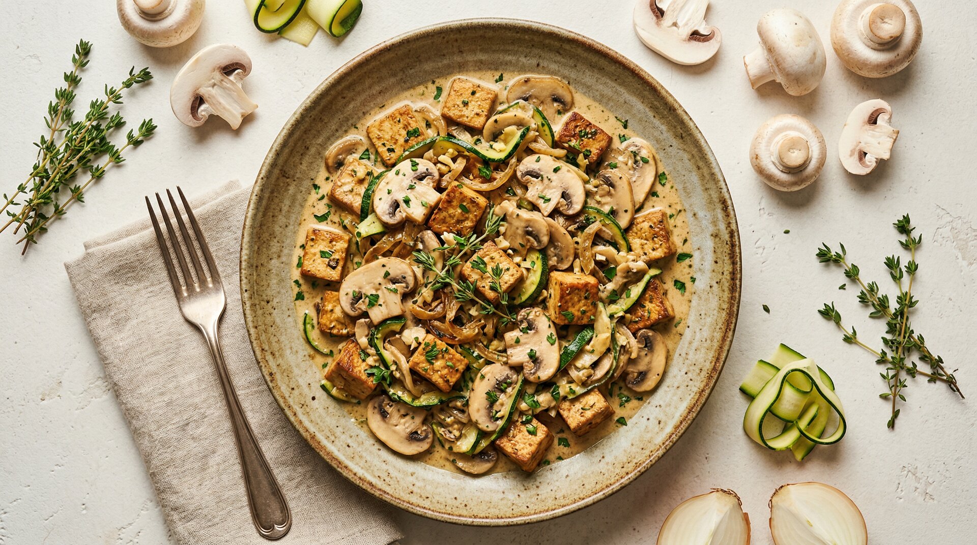 Tofu Stroganoff met Champignons en Courgette