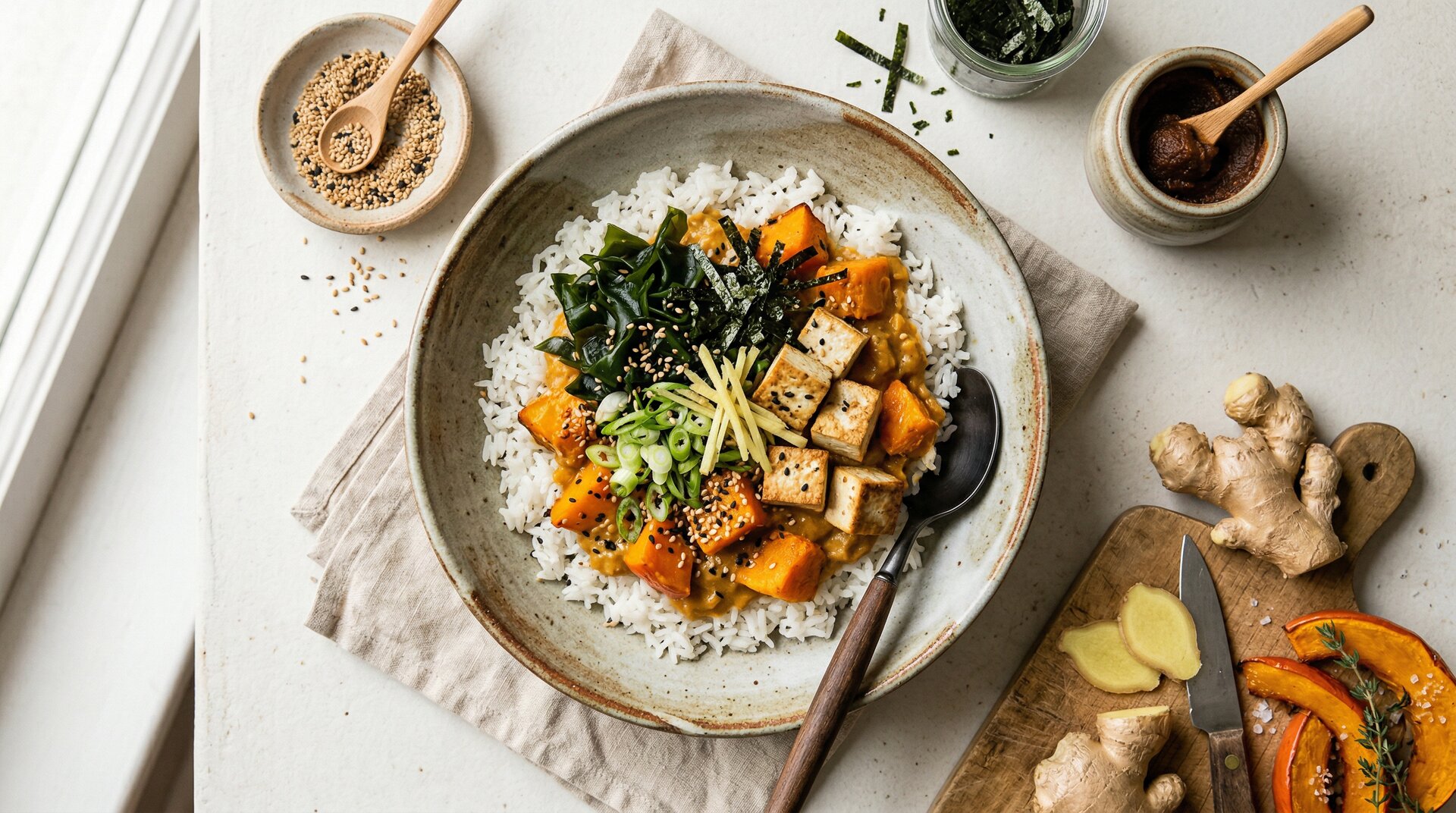 Tofu-Pompoen Bowl met Miso, Gember en Zeewier
