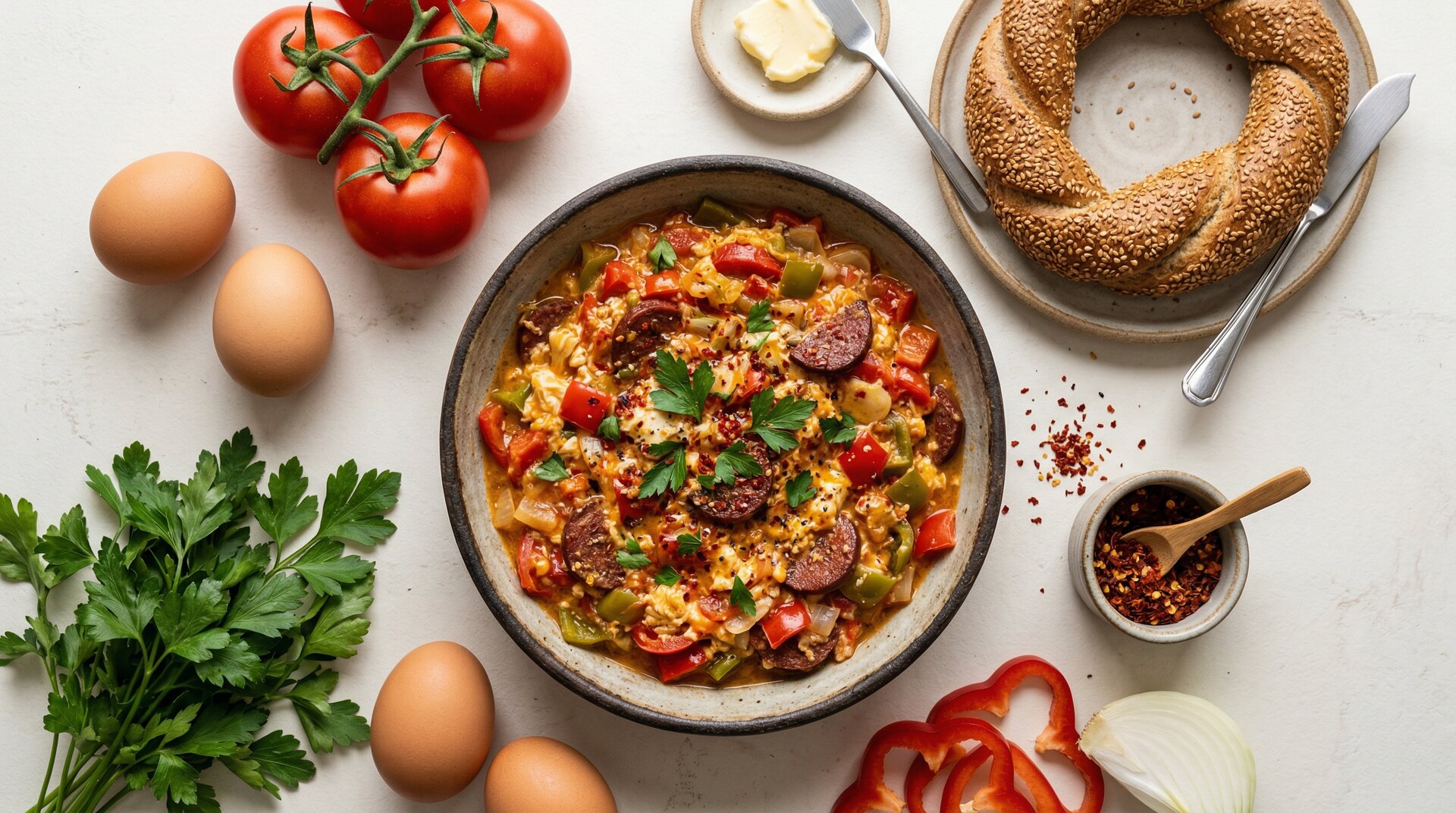 Turkse Menemen met Sucuk & Volkoren Simit