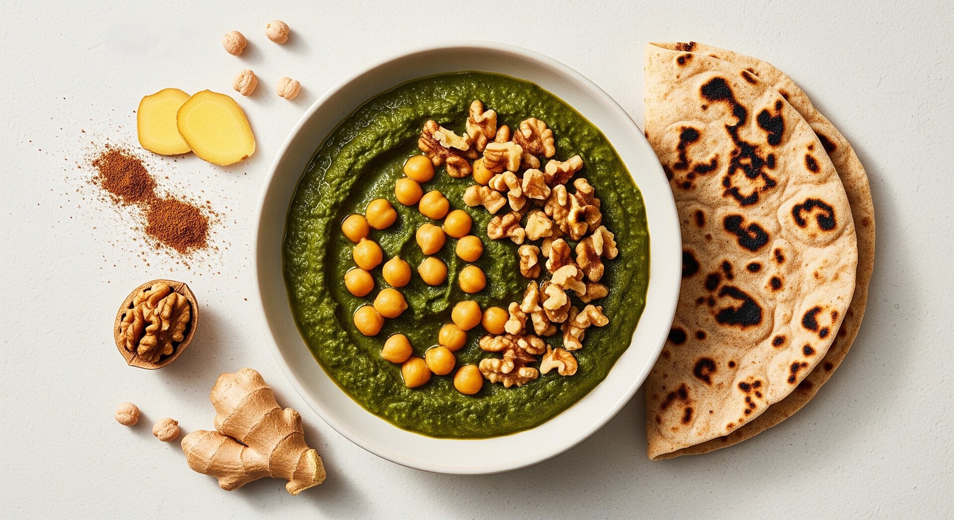 Vegan Indiase Chana Saag met Walnoten en Roti