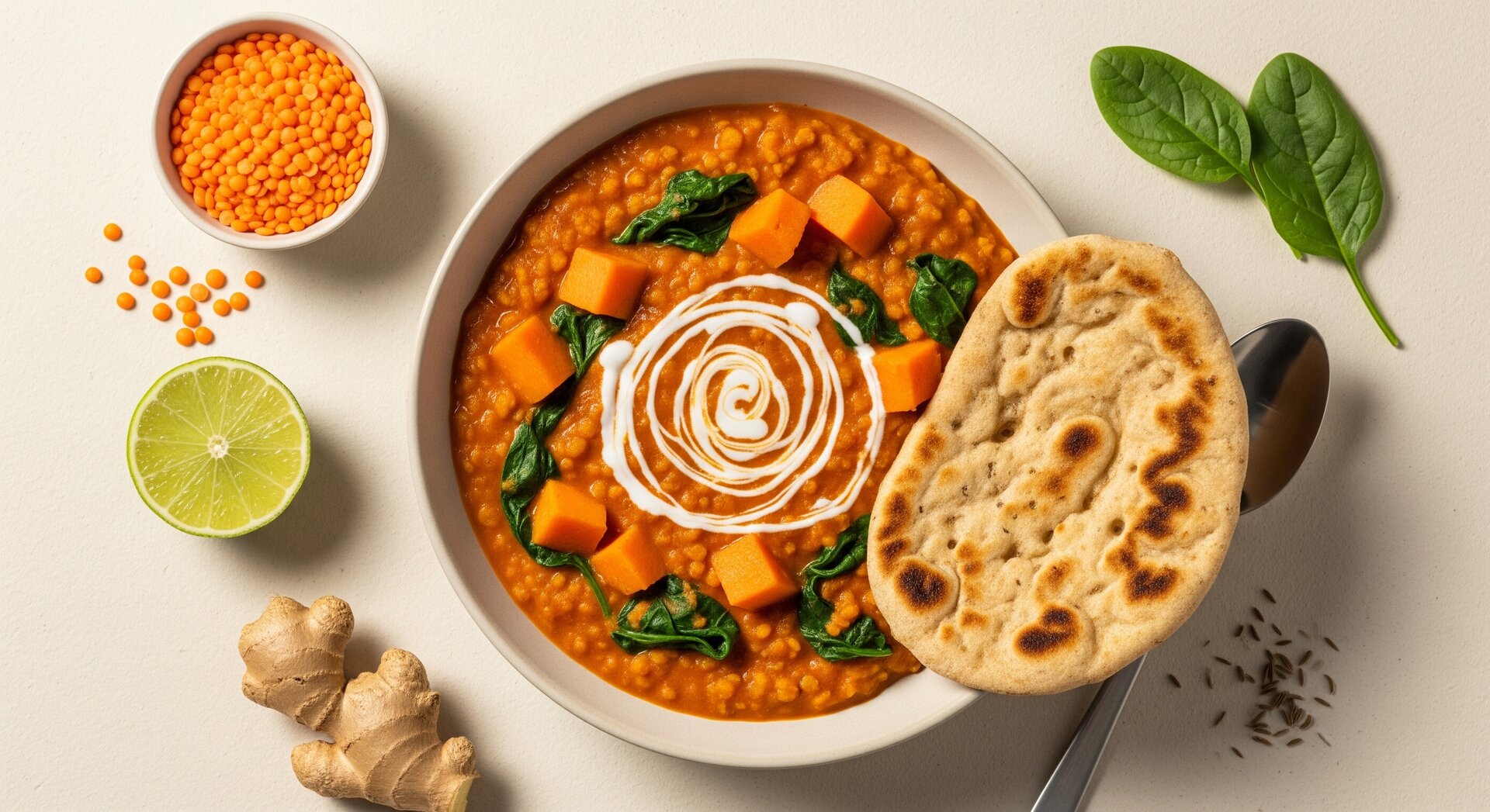 Vegan Zoete Aardappel Linzen Dal met Volkoren Naan