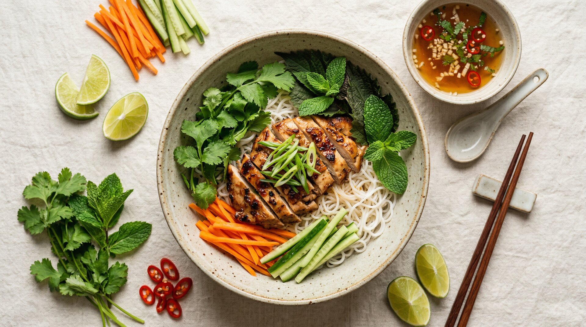 Vietnamese bowl met kip, rijstnoedels en kruiden