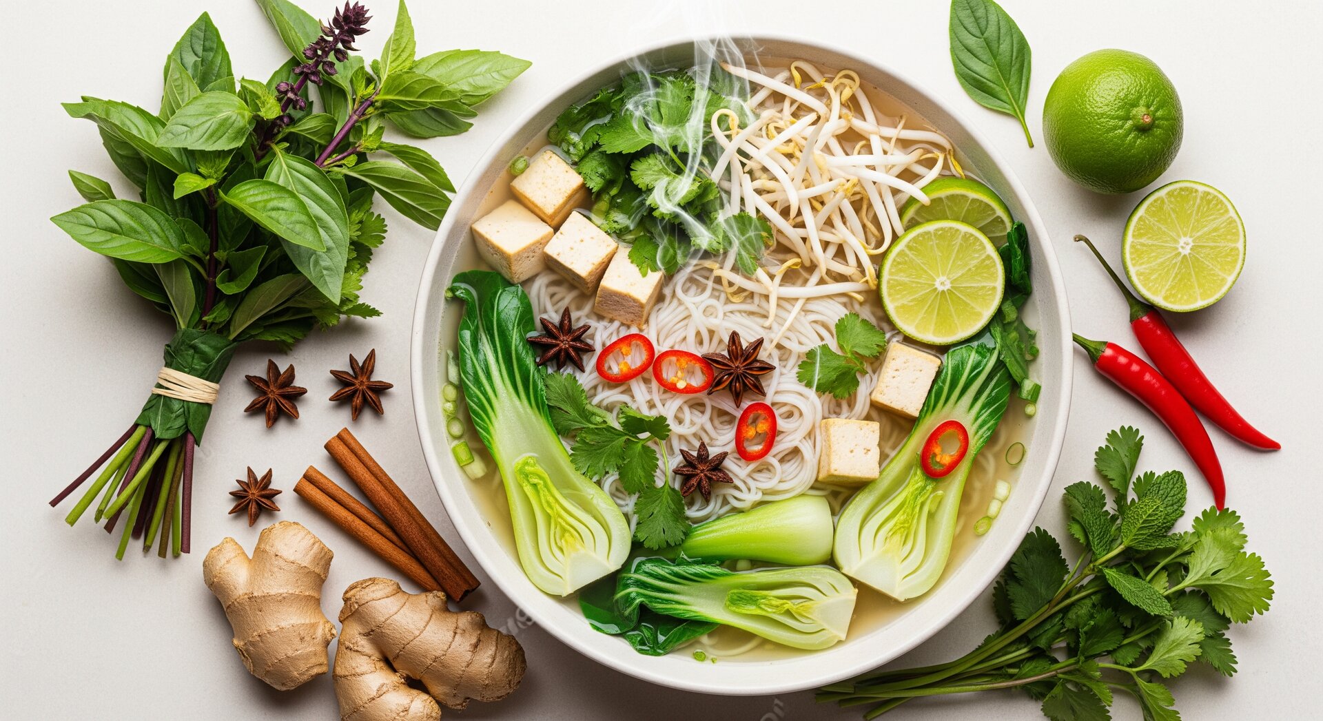 Vietnamese Pho met Tofu en Verse Kruiden