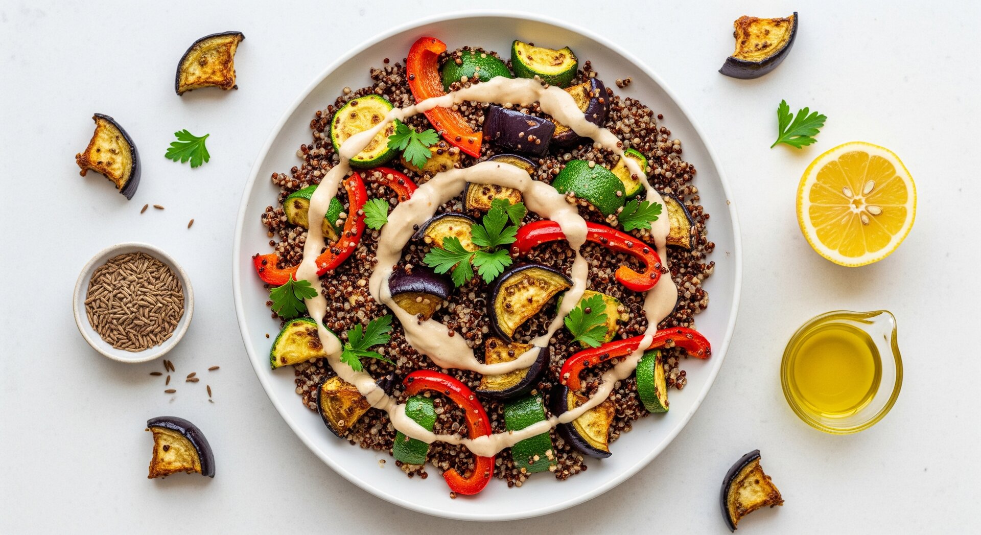 Warme Quinoa Salade met Geroosterde Groenten en Tahini