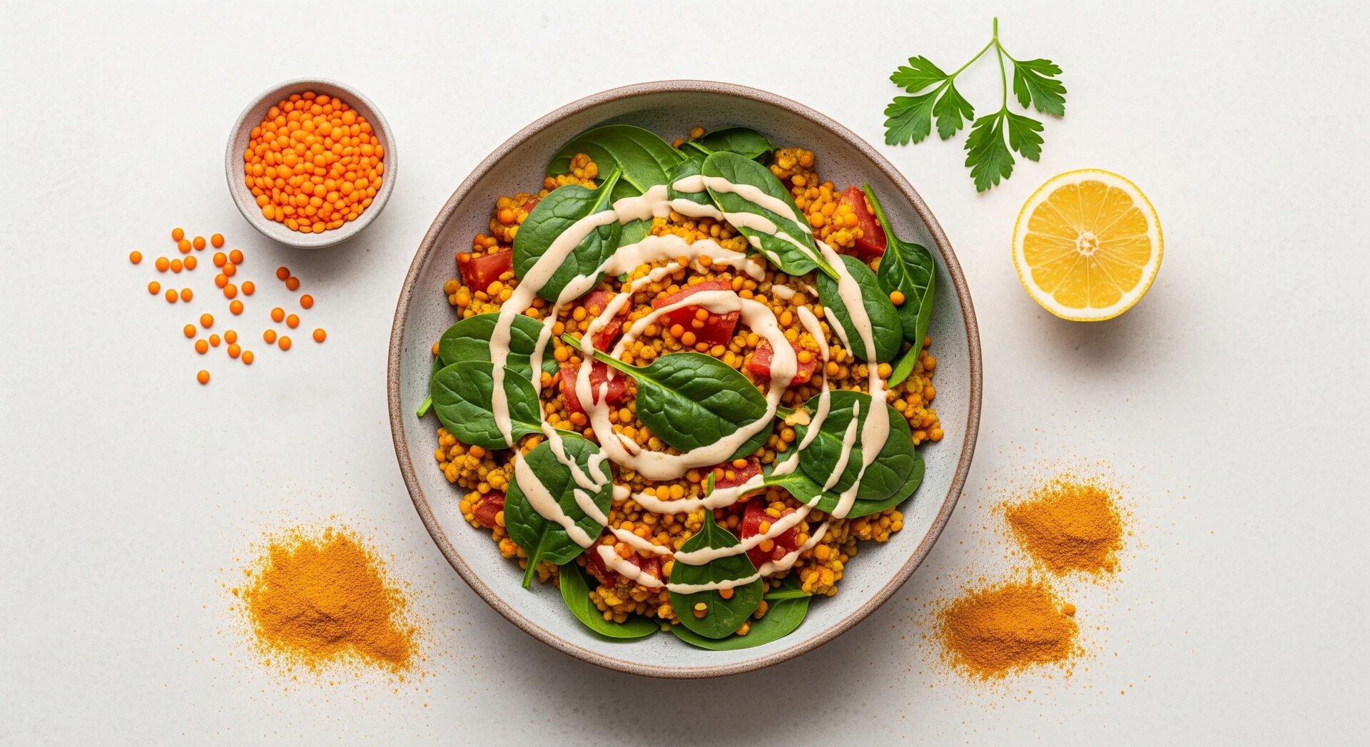 Warme Rode Linzen Salade met Kurkuma en Spinazie