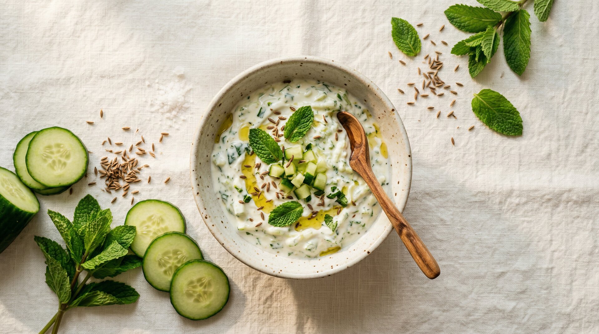 Komkommer-Raita met Yoghurt, Munt en Komijn