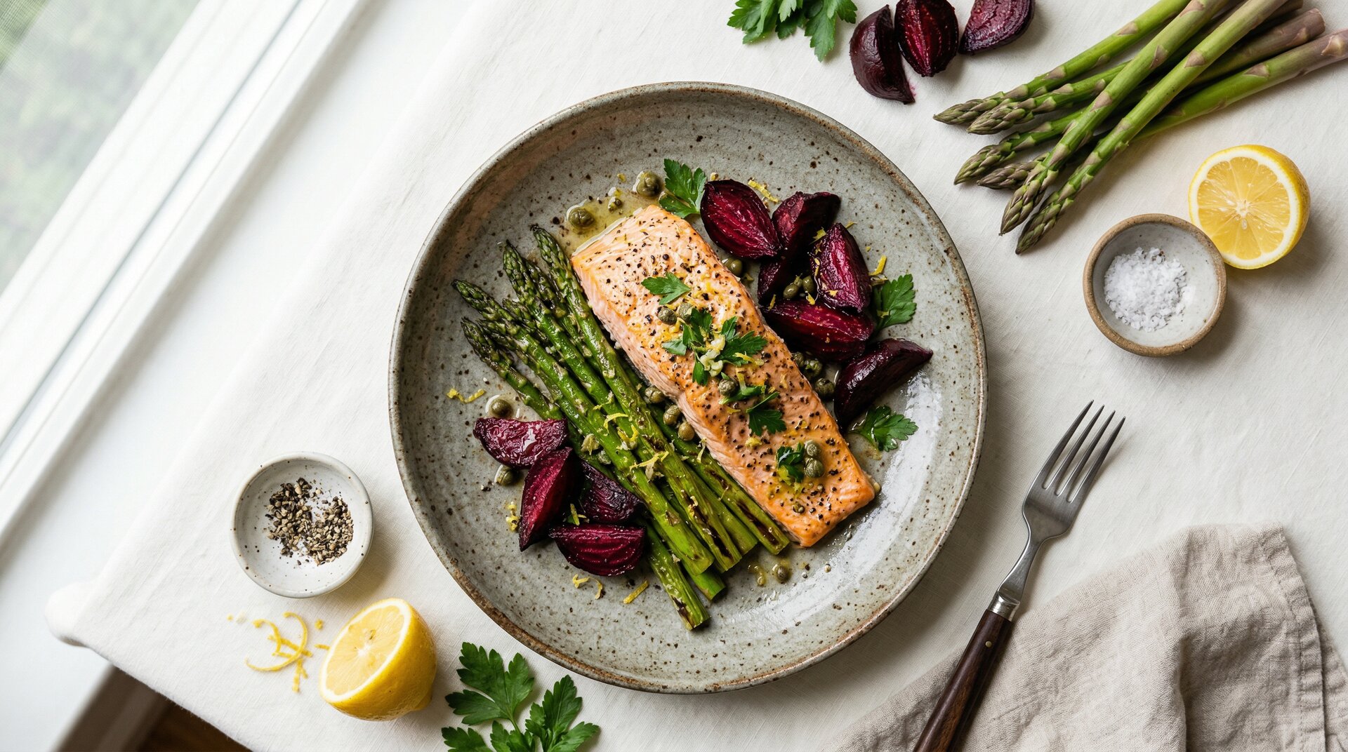 Zalm met Asperges, Citroen en Rode Biet