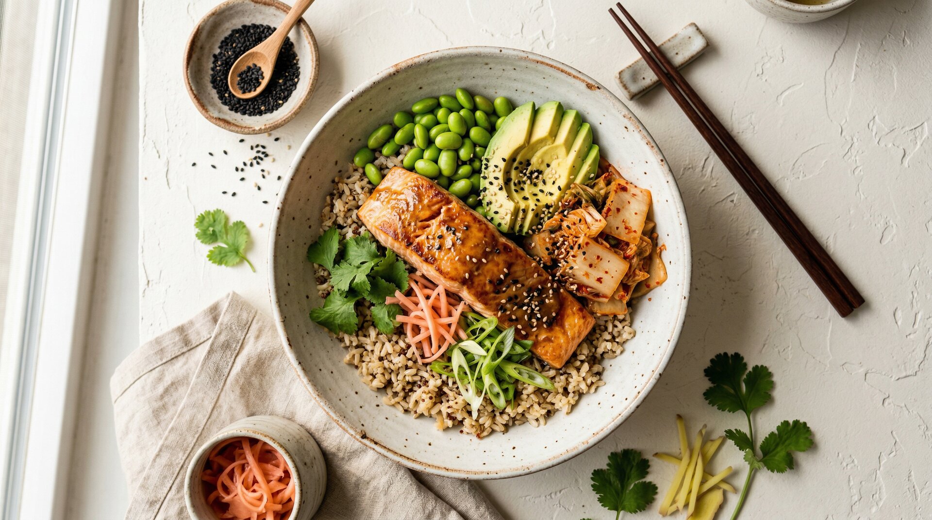 Zalm-Miso Bowl met Kimchi en Edamame