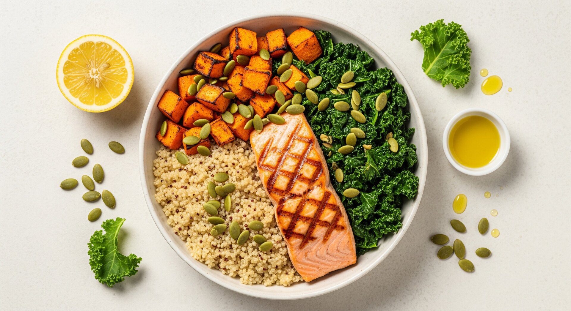 Zalm-quinoabowl met geroosterde zoete aardappel