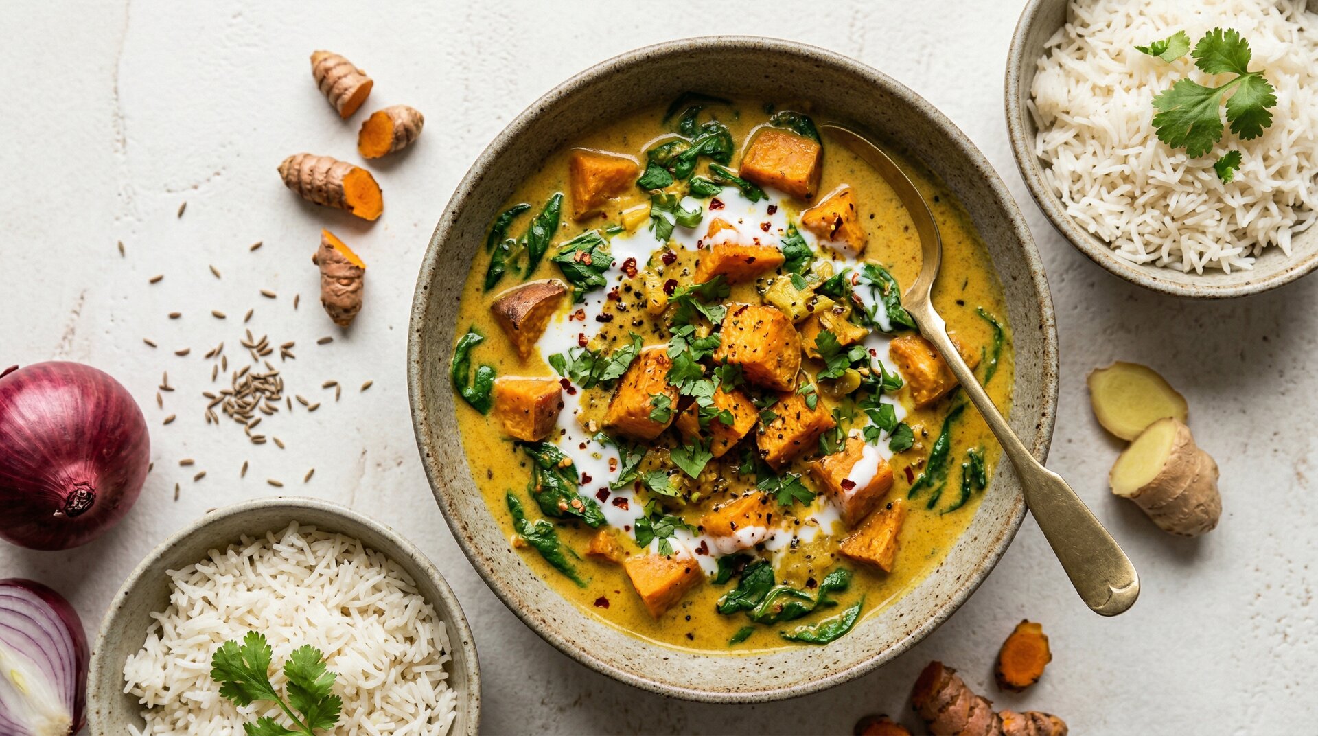 Zoete Aardappel-Spinazie Curry met Kokosmelk en Kurkuma