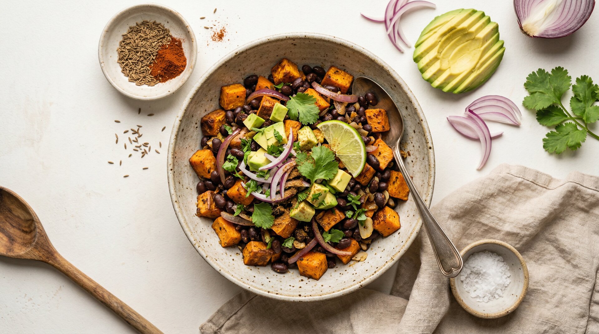 Zoete Aardappel en Zwarte Bonen Ontbijtschotel met Avocado