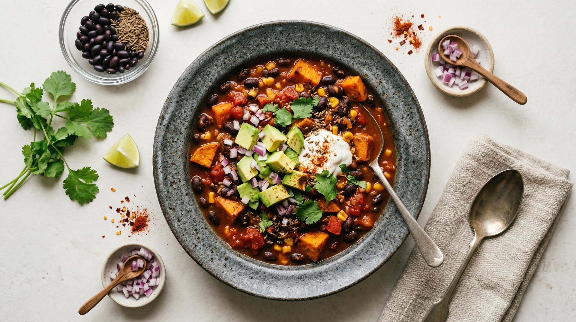 Zwarte Bonen en Zoete Aardappel Chili met Avocado